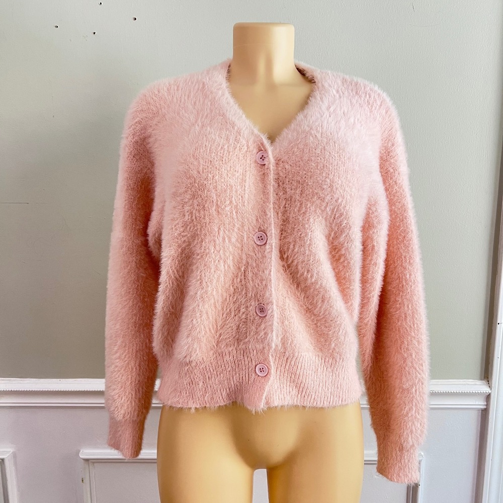 Soft Pink Fuzzy Button-Front Cardigan Sweater